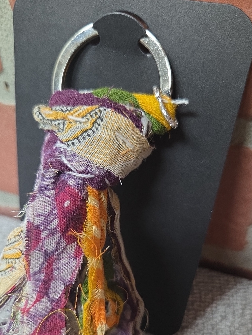 Boho Kantha Fabric Tassel Keychain/Bag Charm w/ Silver Heart Charm - Picture 4 of 4